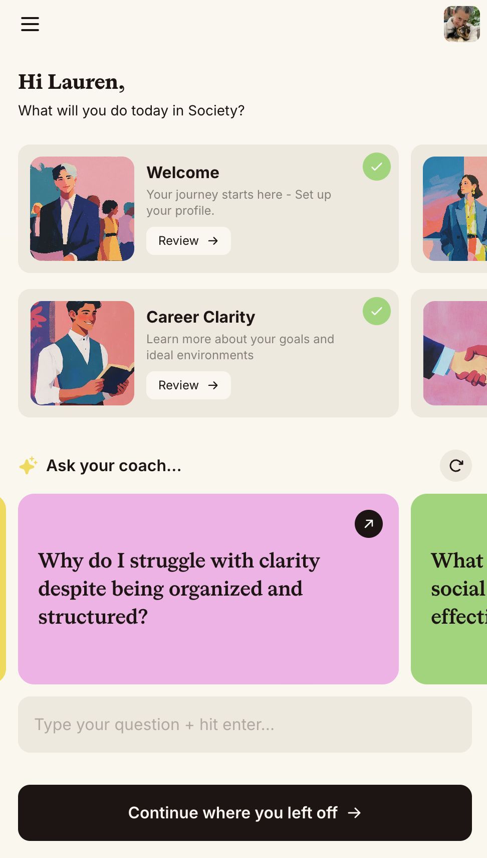The Society member home screen on mobile